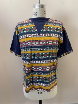Mens, T-shirt, NL, Navy Blue, Multi-color, Cotton, Geometric, Stripes, 42, CN, S/S, Dark Red, White, Dark Olive, Black, And Navy Shapes *Small Bleach Stains On Back Left Sleeve*