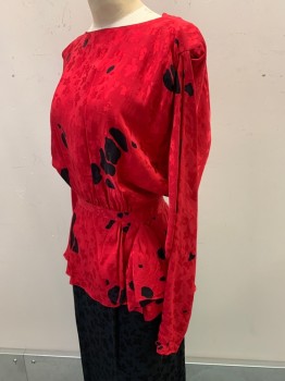 Jerry Regenbogen, Red, Black, Silk, Floral, Spots , L/S, CN, Layered Skirt, Side Scrunched Bow, Button Back