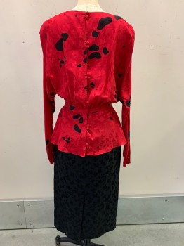 Jerry Regenbogen, Red, Black, Silk, Floral, Spots , L/S, CN, Layered Skirt, Side Scrunched Bow, Button Back