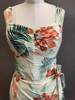 Paradise Found, Cream, Sage Green, Rose Pink, Rayon, Floral, Sleeveless, V Neck, Elastic Chest, Crossover Skirt with Side Tie, Back Zipper,
