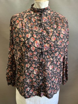 LADY MANHATTAN, Black, Beige, Cherry Red, Lavender Purple, Polyester, Floral, Chiffon, L/S, Band Collar, Button Front, Gathered At Yoke