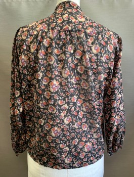 LADY MANHATTAN, Black, Beige, Cherry Red, Lavender Purple, Polyester, Floral, Chiffon, L/S, Band Collar, Button Front, Gathered At Yoke