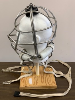 Unisex, Sci-Fi/Fantasy Helmet, Silver, White, Metallic/Metal, Vinyl, Solid, O/S, Metal Cage Helmet, Padding at Neck and the Top of Cage, Missing a Bolt with Butterfly Nut, Leather & Cotton Twill Harness Straps,