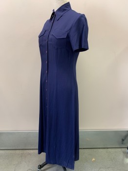 HOUSE OF FRASER, Navy Blue, Viscose, Linen, Solid, S/S, Button Front, Collar Attached, Chest Pocket, Vertical Seams