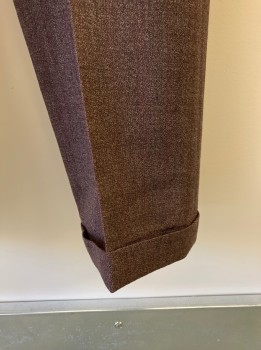 Mens, 1930s Vintage, Suit, Pants, JACK FROST, Brown, Red, Wool, Heathered, Plaid, 30, 31, Flat Front, Button Fly, 4 Pockets, Lots of Wide Belt Loops, Suspender Buttons Inside of Waistband, Cuffed