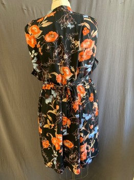 Womens, Dress, Sleeveless, WHO WHAT WEAR, Black, Coral Orange, Multi-color, Polyester, Floral, 2X, Band Collar, V-N, 2 Pockets, Elastic Waistband, Black Lining, Blue/Gray And Burgundy Details, Matching Tie Belt