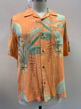 Mens, Hawaiian Shirt, ISLAND REPUBLIC, Orange, Lt Olive Grn, Silk, Rayon, Floral, XXL, C.A., Button Front, S/S, 1 Pocket,