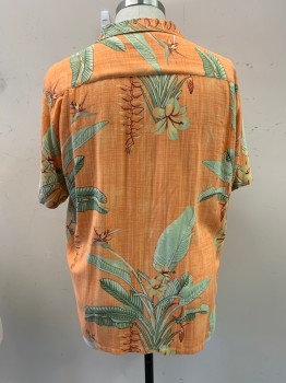 Mens, Hawaiian Shirt, ISLAND REPUBLIC, Orange, Lt Olive Grn, Silk, Rayon, Floral, XXL, C.A., Button Front, S/S, 1 Pocket,