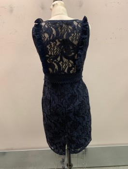 Womens, Dress, Sleeveless, ROMEO & JULIET, Navy Blue, Polyester, Floral, Solid, S, Round Neck, Ruffles Down Front And Back, Side Zipper,