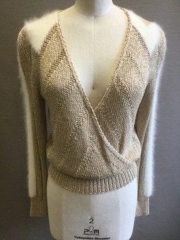 Womens, Sweater, NANNELL, Beige, White, Acrylic, Angora, S, Knit, Solid Beige with White Angora Chevron Stripes at Shoulders, Outseam Stripe on Long Sleeves, Solid Beige Has Self Chevron Stripe Texture, Pullover, V-neck, Wrapped V-neckline, Lightly Padded Shoulders, Ribbed Cuffs and Waistband,