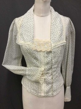 MTO, Cream, Lt Blue, Green, Cotton, Lace, Floral, Cream Background with Blue/Green Floral Print, Hook & Eyes/Snap Off Center Front, Sailor Collar, Square Neck, Lace Trim Collar/Cuff/ Center Front, Pleated Front, Long Sleeves, Gathered At Cuff/Shoulder, Gathered Center Back Waist,