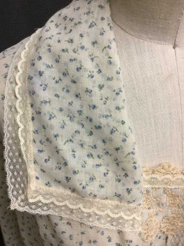 MTO, Cream, Lt Blue, Green, Cotton, Lace, Floral, Cream Background with Blue/Green Floral Print, Hook & Eyes/Snap Off Center Front, Sailor Collar, Square Neck, Lace Trim Collar/Cuff/ Center Front, Pleated Front, Long Sleeves, Gathered At Cuff/Shoulder, Gathered Center Back Waist,