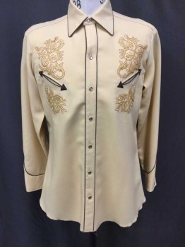 Mens, Western Shirt, H BAR C, Lt Yellow, Brown, Rust Orange, Gold, Metallic, Polyester, Abstract , Solid, 16 N, Long Sleeves, Collar Attached,  Snap Front, Rust + Shiny Gold Swirled Vines Embroidery Above 2 Welt Pockets, Brown Piping, Shoulder Pads