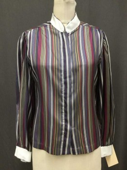 JO MATTHEWS, Purple, Magenta Pink, Lt Olive Grn, White, Navy Blue, Polyester, Stripes - Vertical , Satin, White Mandarin Collar with Striped Piping Trim & Matching Cuffs, B.F. with Covered Placket, L/S, Bishop Sleeve
