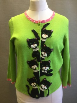 Womens, Sweater, MICHAEL SIMON, Lime Green, Ramie, Cotton, Novelty Pattern, M, Cardigan, with Black/White Beaded Cat Placket, B.F., L/S, Pink Clear Beaded Collar/Cuff