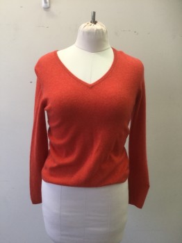 Womens, Pullover, SUTTON STUDIOS, Orange, Cashmere, Solid, S, Long Sleeves, Pull Over, V Neck, Skinny Ribbed Band Around the Neck Waistband and Sleeves