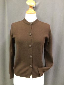 Womens, Sweater, THE SCOTCH HOUSE, Brown, Cashmere, Solid, Medium, Crew Neck, Long Sleeves, Cardigan, Button Front, 5 Vintage Buttons = 2 Flowers & Faceted Little Points, Ribbed Knit Neckline & Waistband & Cuffs,