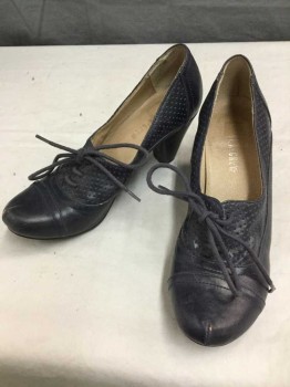 Womens, Shoes, Chelsea Crew, Navy Blue, Leather, Solid, 6.5, Close Toe Heel, Cap Toe, Dotted Tooled Leather Upper, Lace Up