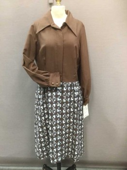 HERMAN MARCUS, Brown, Steel Blue, White, Polyester, Geometric, Brown Long Sleeve Top, Hidden Button Front, Pointy Collar Attached, Gathered At Cuff, Steel Blue/White/Brown Geometric Gathered Skirt