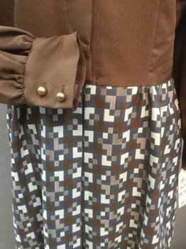 HERMAN MARCUS, Brown, Steel Blue, White, Polyester, Geometric, Brown Long Sleeve Top, Hidden Button Front, Pointy Collar Attached, Gathered At Cuff, Steel Blue/White/Brown Geometric Gathered Skirt