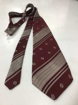 Mens, Tie, GUYOT, Maroon Red, Off White, Blue, Polyester, Stripes - Diagonal , Abstract , 4 In Hand,