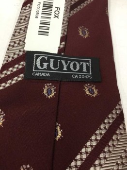 GUYOT, Maroon Red, Off White, Blue, Polyester, Stripes - Diagonal , Abstract , 4 In Hand,