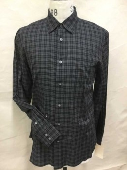 Mens, Casual Shirt, JOHN VARVATOS, Black, Off White, Beige, Cotton, Polyester, Plaid, M, Black with Off White, Beige Plaid, Collar Attached, Button Front, 1 Pocket, Long Sleeves, Double,