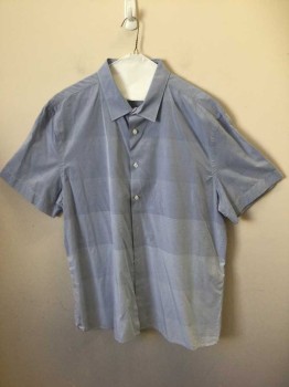 PERRY ELLIS, Lt Blue, White, Cotton, Stripes, Solid, Collar Attached, Short Sleeves, Button Front, Ombre Horizontal Stripe Pattern