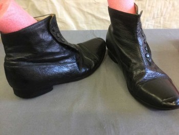 Mens, Boots 1890s-1910s, N/L, Black, Leather, Solid, 8, Cap Toe, Lace Up, Ankle Boot,