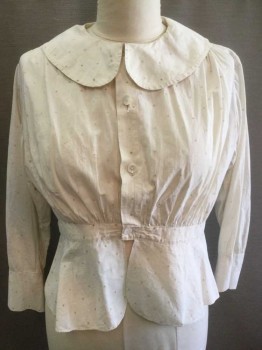 N/L, Cream, Tan Brown, Cotton, Diamonds, Cream with Tiny Tan Diamond Pattern, Long Sleeve Button Front, Peter Pan Collar, Gathered At 1.25" Wide Self Waistband, Peplum Bottom, Puffy Sleeves Gathered At Shoulders,**Mended Extensively Throughout, Stains At Center Front Neck,