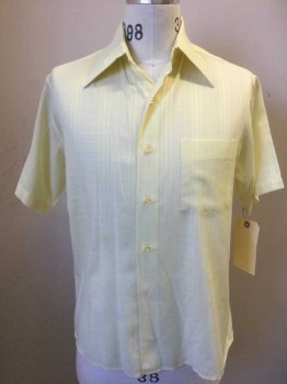 DRESS UPS, Lt Yellow, Polyester, Cotton, Plaid, Short Sleeves, Button Front, Collar Attached, 1 Pocket, Semi-sheer Self Plaid
