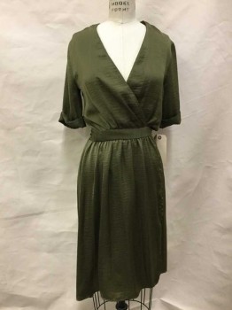 Womens, Dress, Short Sleeve, TOPSHOP, Olive Green, Polyester, Solid, 4, Cuffed Short Sleeve, V Neck