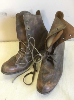CYDWOQ, Brown, Leather, Solid, Ankle Boot, Aged Leather,  Apron Toe, Lace Up, 1" Angled Heel, Contemporary But Looks Like A Victorian Boot