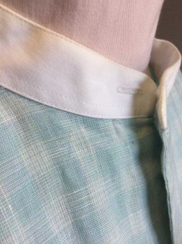 Mens, Shirt, CHRIS SHIRTS, Lt Blue, White, Linen, Check , Slv:33, N:15, Light Blue with Faint White Check, Long Sleeve Button Front, Solid White Band Collar, French Cuffs,  Made To Order Reproduction,