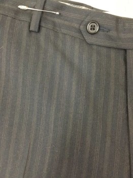 Mens, Slacks, HICKEY FREEMAN, Charcoal Gray, Brown, Wool, Stripes - Vertical , Open, 38, Flat Front, Button Tab,