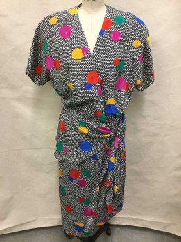 CARIN, Black, White, Multi-color, Polyester, Black with White Polka Dots, Larger Red, Yellow, Green, Magenta Circles, Dolman Short Sleeves, Surplice V Neck with Wrap Closure, Knotted Detail at Hip, Shoulder Pads, Hem Above Knee,
