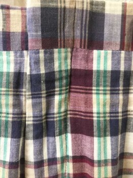 BROOKS BROTHERS, Multi-color, White, Navy Blue, Green, Red Burgundy, Cotton, Plaid, Madras Plaid, Flat Front, Zip Fly, 5 Pockets (Including 1 Watch Pocket), Straight Leg **Small Split at Center Back Waist Seam