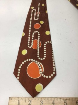 Mens, Tie, PANELS RESILIENT, Burnt Orange, Orange, Yellow, White, Silk, Polka Dots, Leaves or Feather Weave, White Polka Dots in a Curvy Line, Larger Scale Polka Dots of Orange and Yellow