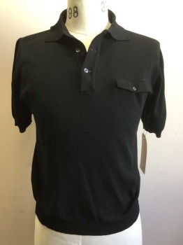 Mens, Polo Shirt, N/L, Black, Acrylic, Solid, S, Pullover, Short Sleeves, 3 Buttons, Faux Button Pocket, Rib Knit Collar/ Cuffs and Waistband,