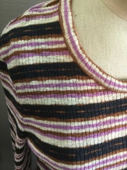 Womens, Pullover, MADEWELL, Navy Blue, White, Chestnut Brown, Lilac Purple, Polyester, Cotton, Stripes - Horizontal , S, Long Sleeves, Round Neck,  Rib Knit,