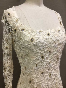 Mto, Cream, Gold, Blue, Silk, Polyester, Floral, Square Neckline, Build In Corset, Long Fitted Lace Sleeves, Full Flair Skirt W/train, Hook & Eyes Center Front,