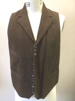 Mens, Historical Fiction Vest, N/L MTO, Brown, Leather, Solid, 38, Notched Lapel, 16 Silver Buttons at Front, 4 Welt Pockets, Dark Brown Lining and Back, Belted Back, Made To Order Old West Reproduction **Note: Buttons Very Difficult to Close