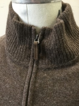 Mens, Pullover Sweater, NORDSTROM, Brown, Cashmere, Solid, L, Knit, Rib Knit Stand Collar with Half Zip Closure at Neck, Long Sleeves