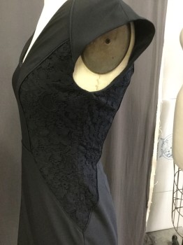 REBECCA TAYLOR, Black, Polyester, Wool, Solid, Black Sleeveless Vneck with Side Lace Detail Om Both Sides