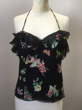 ANNA SUI, Black, Yellow, Red, Green, Gray, Synthetic, Floral, Black Chiffon with Floral/Butterfly Pattern, Halter Strap Tie, V-neck, Double Ruffle Top Hem, Side Zip