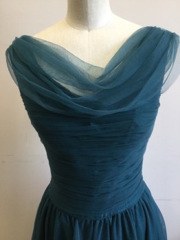 UNIQUE VINTAGE, Teal Blue, Polyester, Solid, Vintage 50's Style. Poly Chiffon. Rushed Fitted Bodice,. V.  Front and Back. Chiffon Drape at Front Neck. Skirt Gathered to Waist, Zipper Center Back,