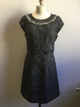 Womens, Dress, Short Sleeve, NANETTE LAPORE, Black, White, Poly/Cotton, Spandex, Heathered, 4, Tweed Like Stretch FabricScoop Neck, Cap Sleeves, Self Fringe Detail at Neckline, Princess Line Dress, Belted at Waist with 2 Buttons at Front, 2 Pockets, Zipper Center Back,