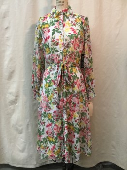 Womens, Dress, Long & 3/4 Sleeve, NEW YORK CO, White, Pink, Hot Pink, Green, Yellow, Polyester, Floral, XS, White, Pink/ Hot Pink/ Green/ Yellow Floral, Button Front, Collar Attached, Long Sleeves, Elastic Cuffs