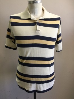 JOCKEY, Cream, Butter Yellow, Navy Blue, Cotton, Stripes, Short Sleeves, Ribbed Knit Collar Attached, 3 Buttons