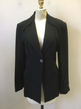 Womens, Blazer, CHRISTIAN LACROIX, Black, Acetate, Rayon, Solid, W27, B36, 6, 1 Button Single Breasted, Rounded Lapel and Pointy Collar, 1 Faux Pocket Flap, & 2 Functioning Pockets with Flaps. Fitted at Waist . Gray Satin Brocade Lining